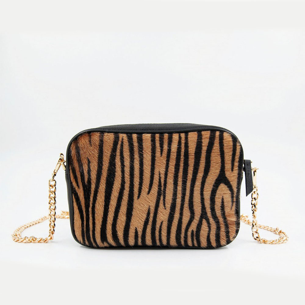 Genuine Leather Open Whiskey Women Zebra Printed Leather Shoulder Bag