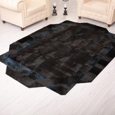 Hakiki Deri Turkuaz Leopar Baskı Siyah Deri Halı